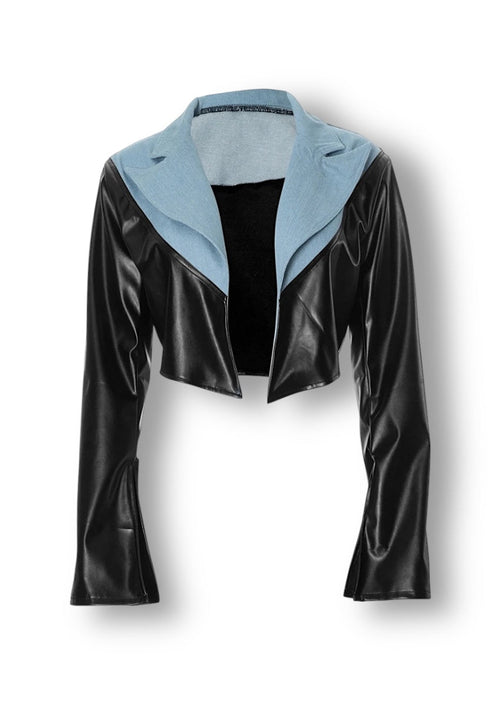 Cropped Leather & Denim Contrast Jacket