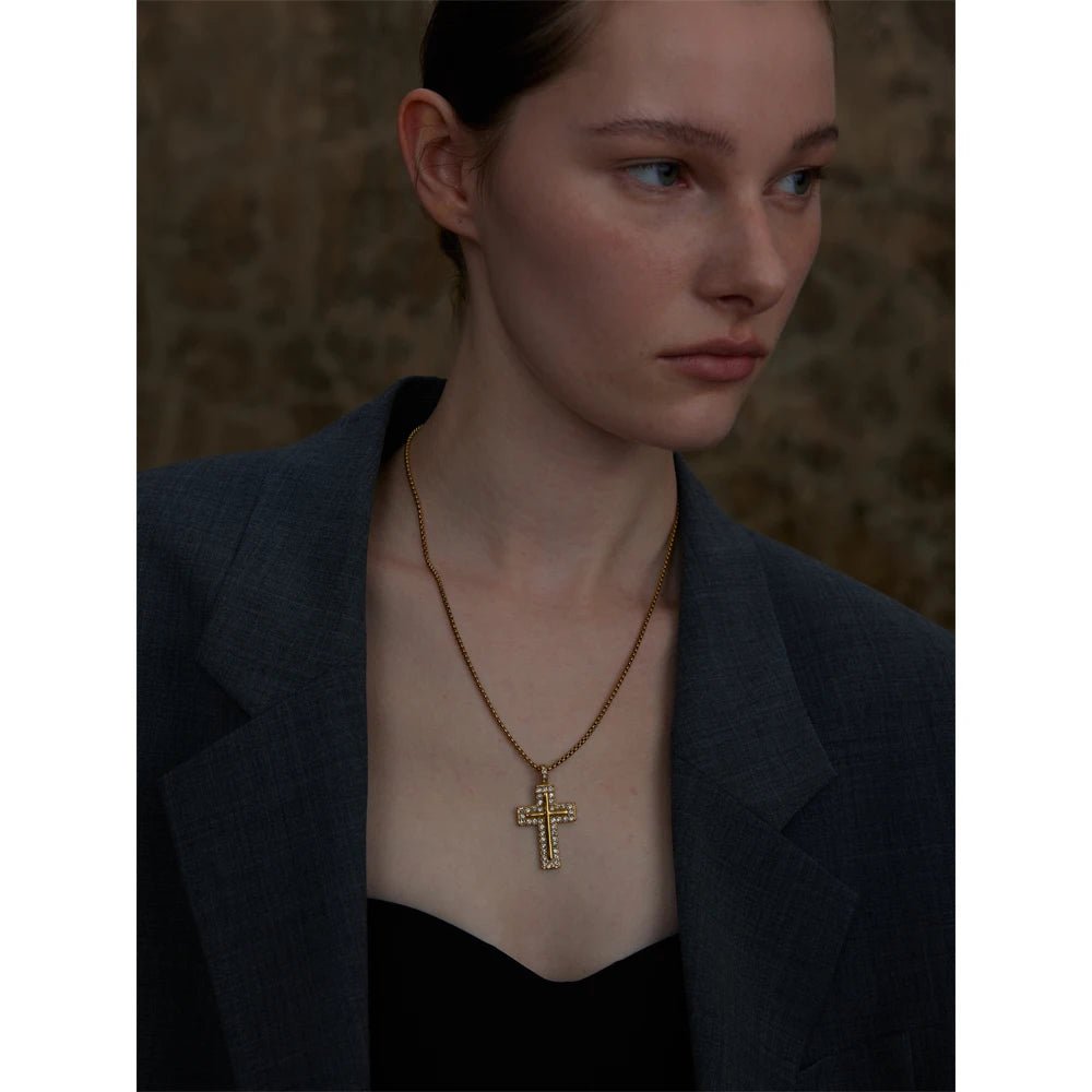 Woman wearing her Cross Pendant Necklace