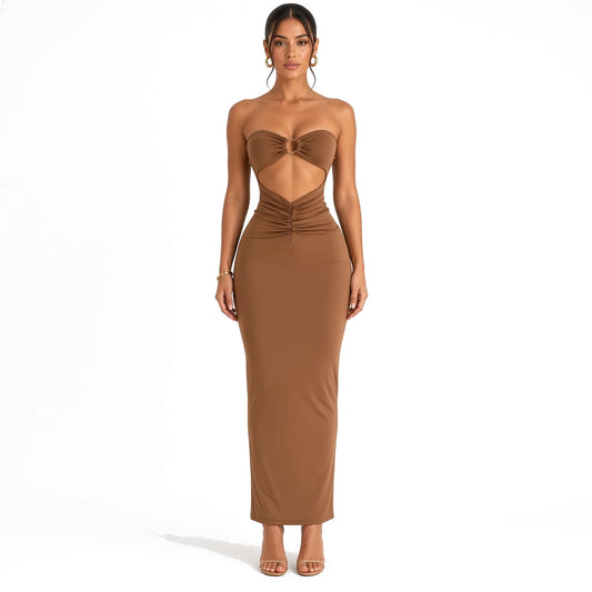 Sexy Strapless Cutout Maxi Dress — Brown front