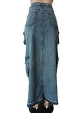 Split Front Denim Maxi Skirt with Multi Pockets, Mannequin Version (Back)
