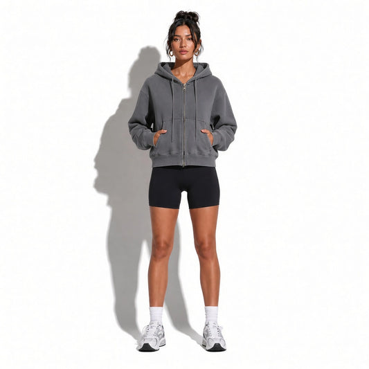 Washed Zipper Cardigan Jacket — dark gray front