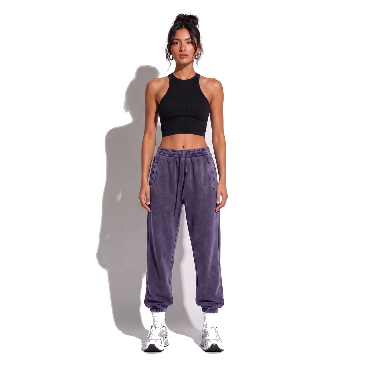 Street Distressed Loose Joggers — dark purple front