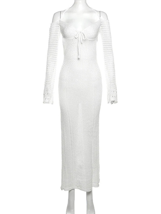 White Halter Backless Sexy Dress Women Knitting Lace up Elegant Holiday Casual Dress Maxi Long Autumn Dress Vestidos