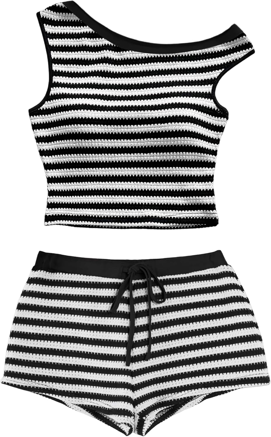 Women'S Striped Set 2 Piece Outfits Knit off the Shoulder Crop Tank Top Mini Shorts Vacation Going Out Sets