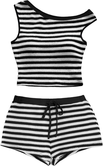 Women'S Striped Set 2 Piece Outfits Knit off the Shoulder Crop Tank Top Mini Shorts Vacation Going Out Sets