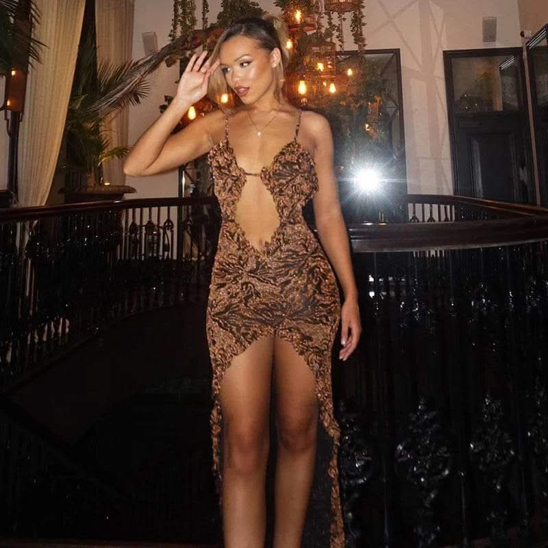 deep v Maxi Dress with slit, Brown / M deep v Maxi Dress with slit, Brown / M