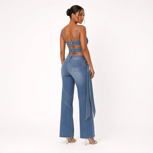 Denim Bralette with Pants Set — back