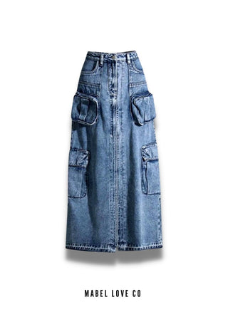 denim cargo maxi skirt