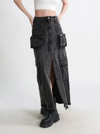 denim cargo maxi skirt