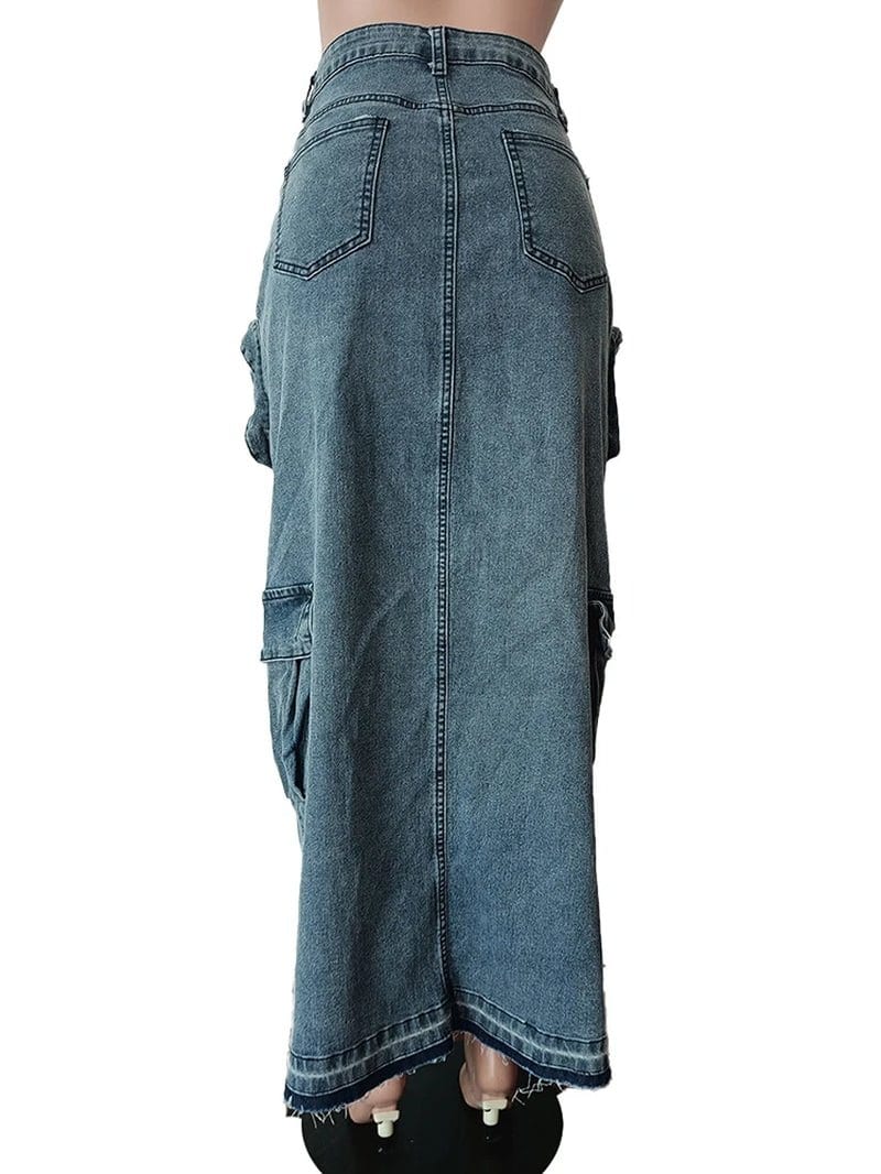 Multi Pockets Split Denim Skirt