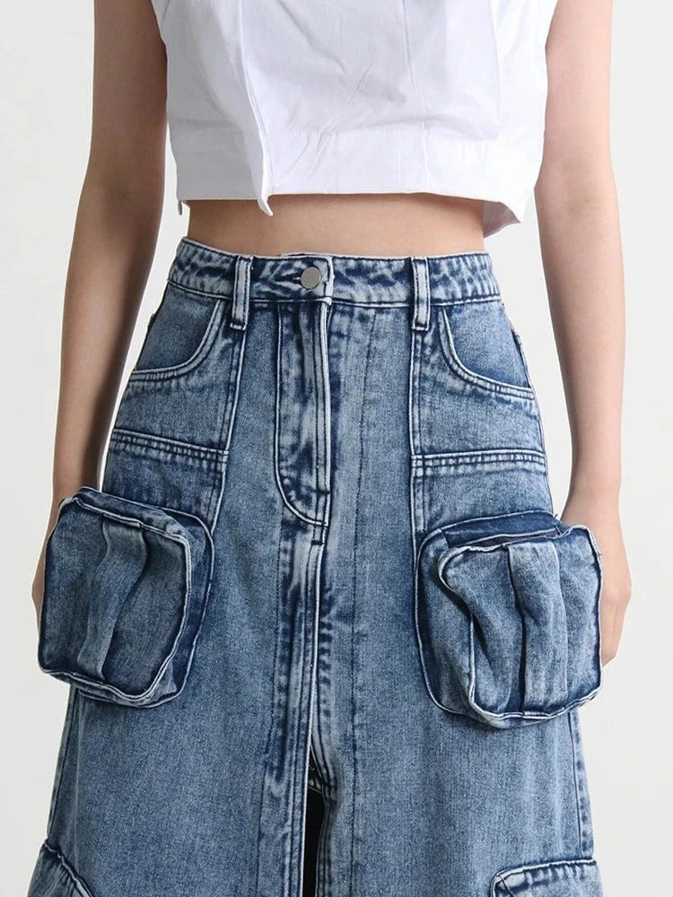 denim cargo maxi skirt