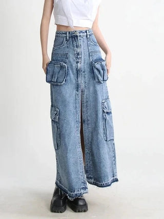 denim cargo maxi skirt