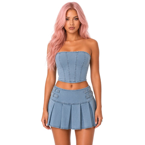 Denim Tube and Pleated Skirt Set — close-up