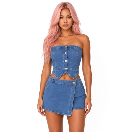 Denim Strapless Top and Wrap Mini Skort Set — close-up