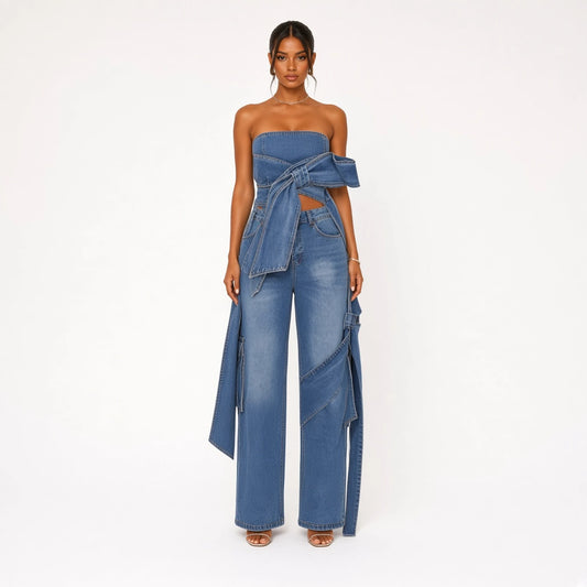 Denim Bralette with Pants Set — front