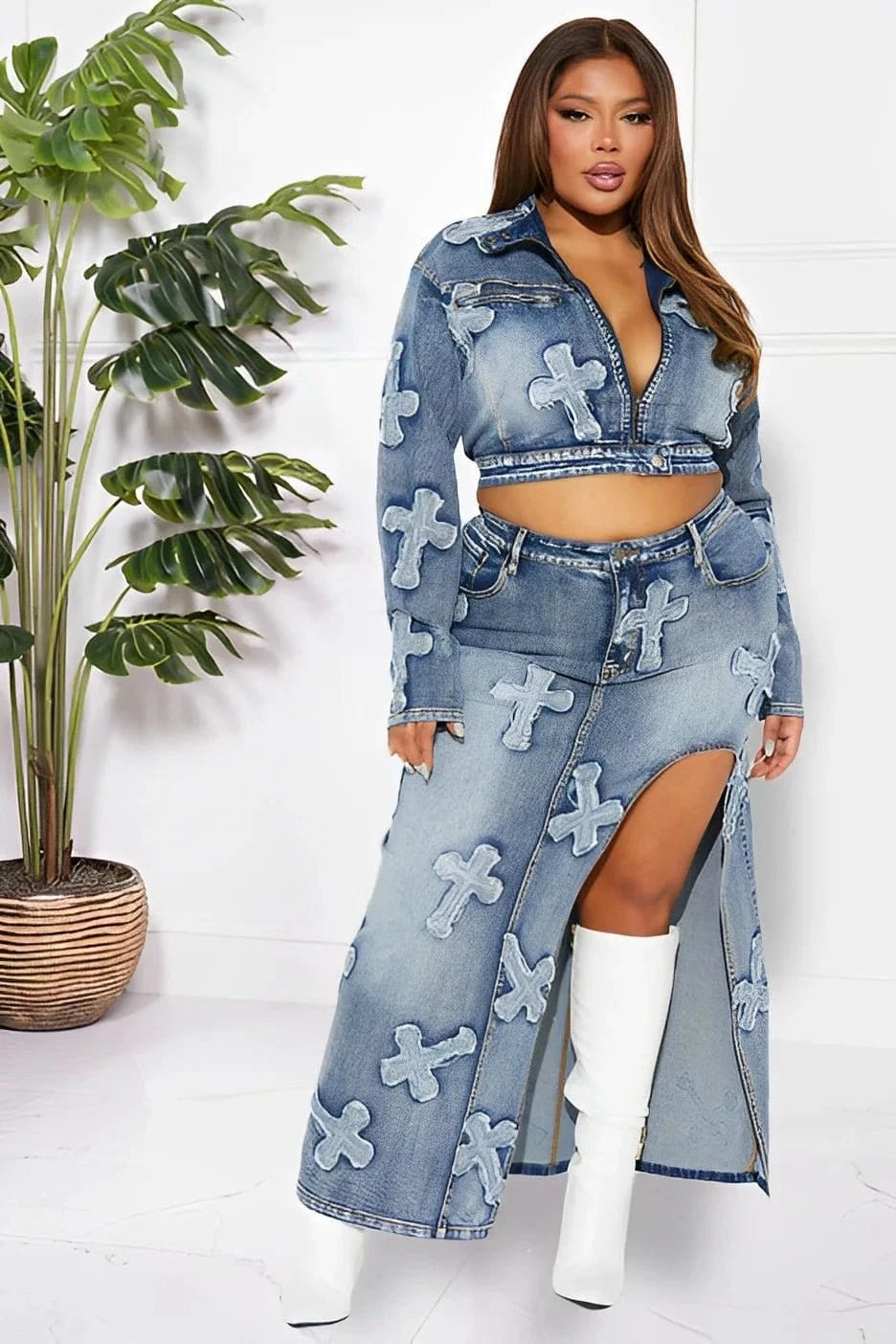 Denim Long Slit Skirt and Cropped Jacket Set