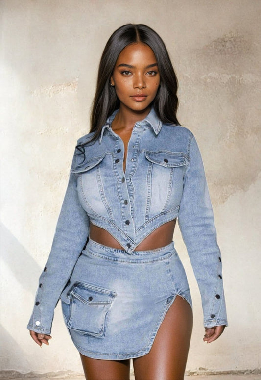 Denim Mini Skirt with Long Sleeve Crop Top