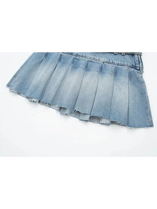 Frayed Hemline of Denim Pleated Skirt