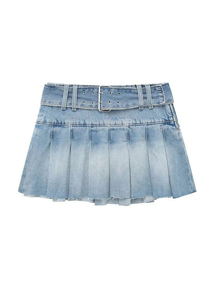 Front Denim Pleated Skirt