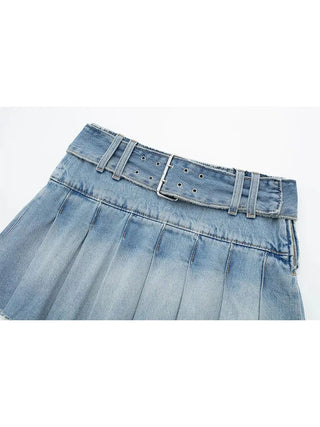 Denim Pleated Skirt with Belt