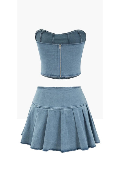 Denim Tube and Pleated Skirt Set