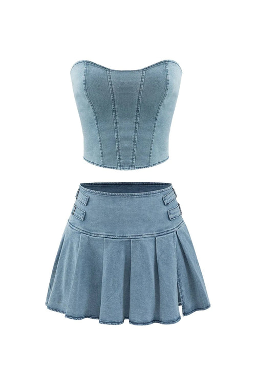 Denim Tube and Pleated Skirt Set