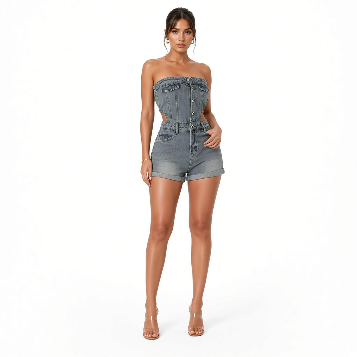 Denim Tube Top Romper — denim front