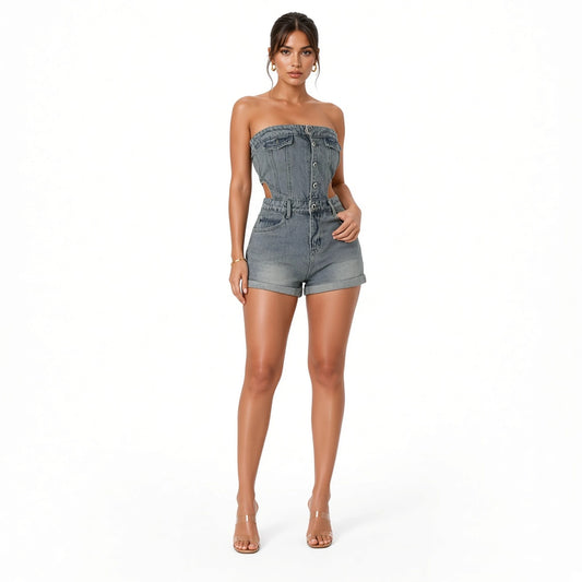 Denim Tube Top Romper — denim front