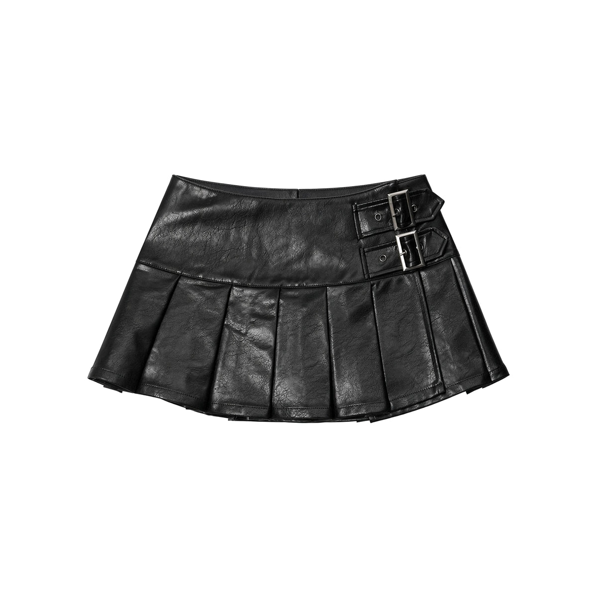 Double-Buckle Faux Leather Mini Skirt — black ghost