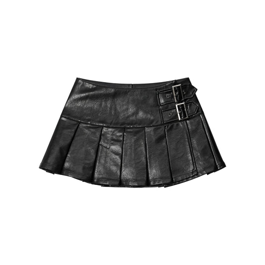 Double-Buckle Faux Leather Mini Skirt — black ghost