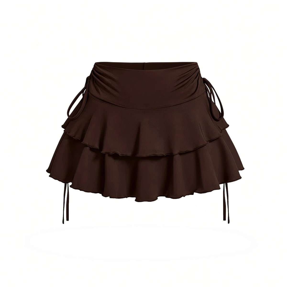 Double-Tier Drawstring Ruffle Mini Skirt — chocolate front
