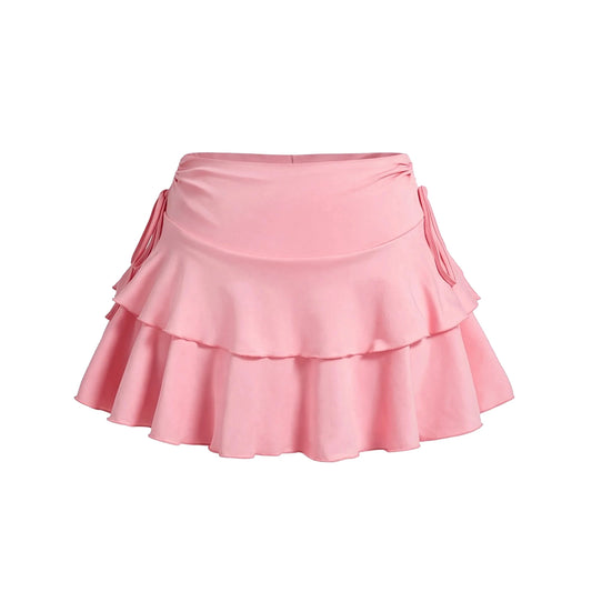 Double-Tier Drawstring Ruffle Mini Skirt — pink front
