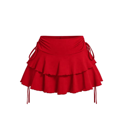 Double-Tier Drawstring Ruffle Mini Skirt — red front