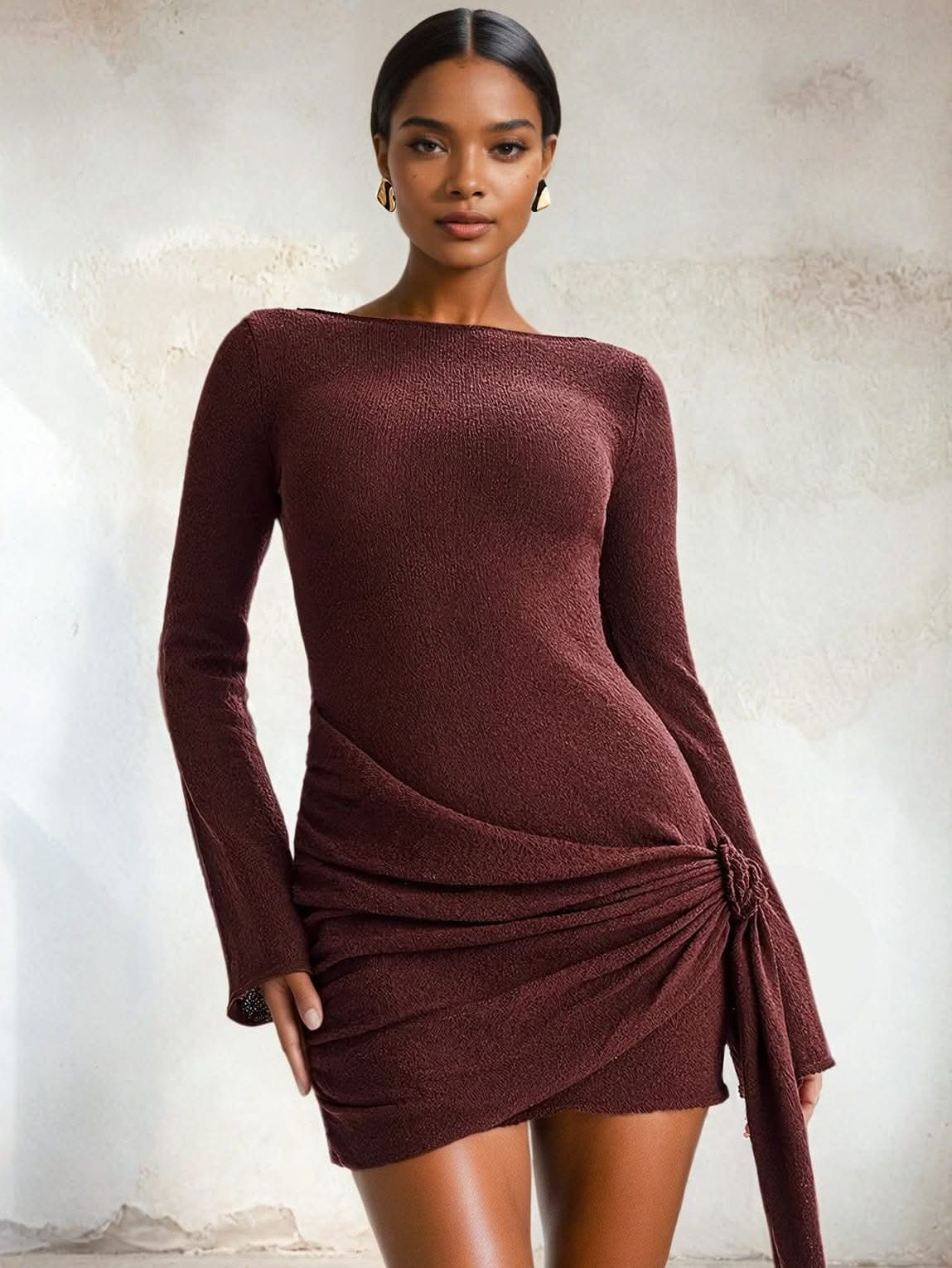 Draped Backless Mini Dress | Mabel Love Co. Brown / M Draped Backless Mini Dress | Mabel Love Co. Brown / M