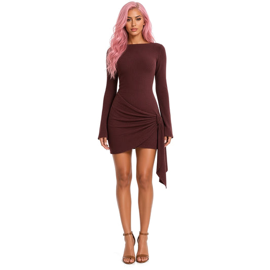 Draped Backless Mini Dress — Brown front