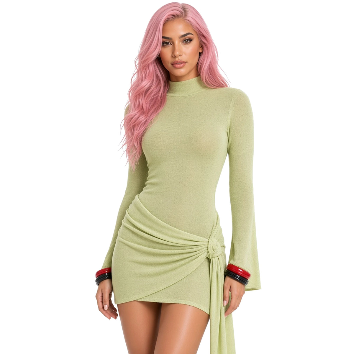 Draped Backless Mini Dress — Green close-up