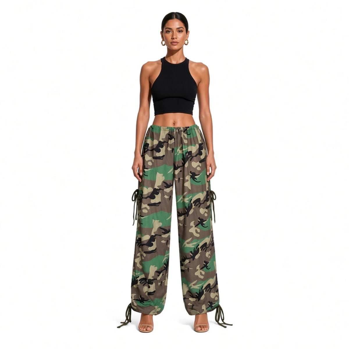 Drawstring Camo Wide-Leg Pants — front