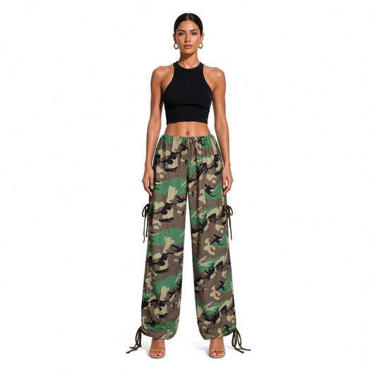 Drawstring Camo Wide-Leg Pants — front