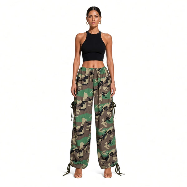 Drawstring Camo Wide-Leg Pants — front