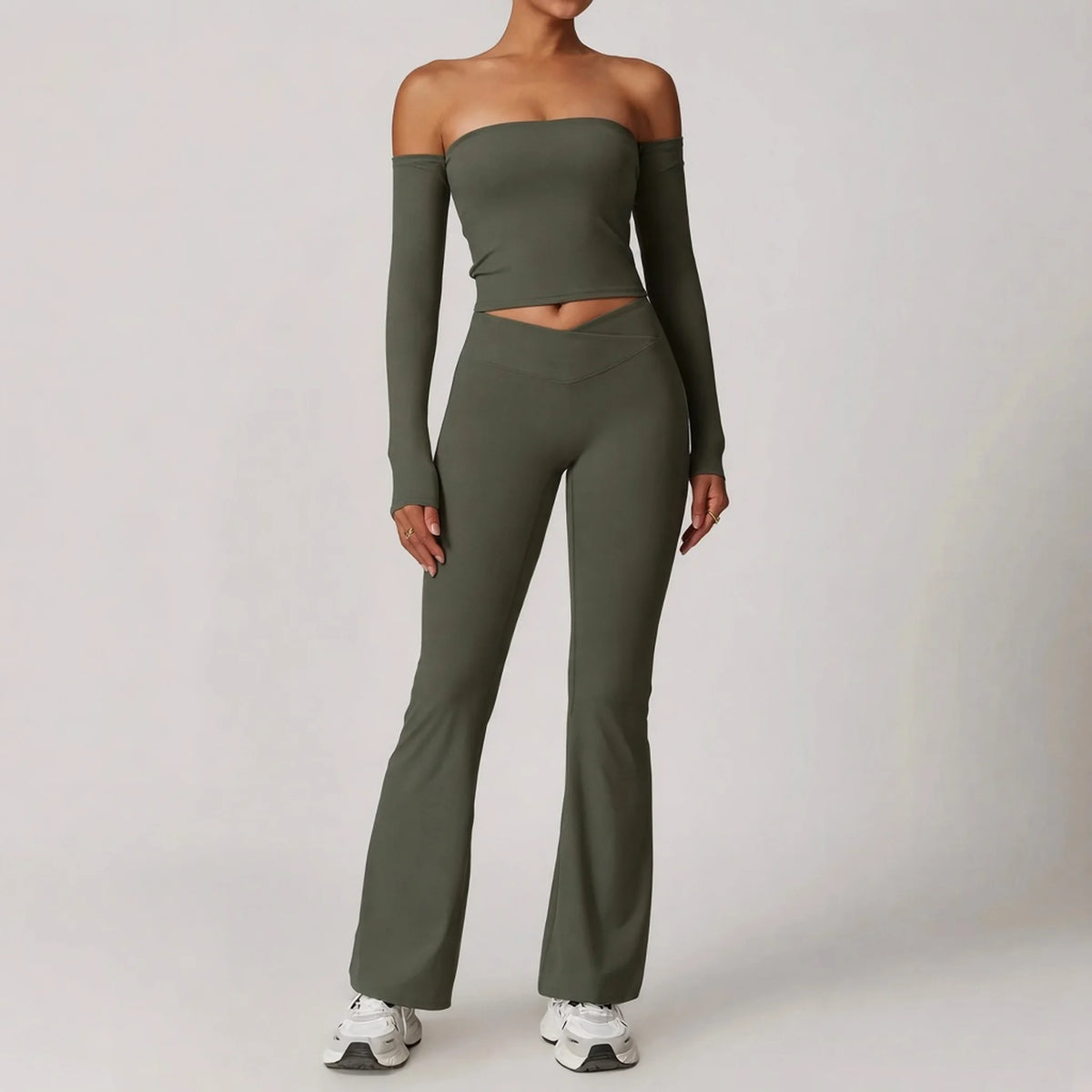 Women's Fitness Long Sleeve Leggings Set — Dusty Green Set-1 front