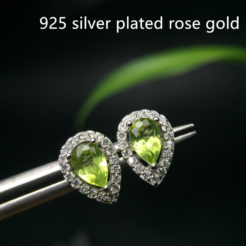 Natural Peridot Stud Earrings With Silver Inlays
