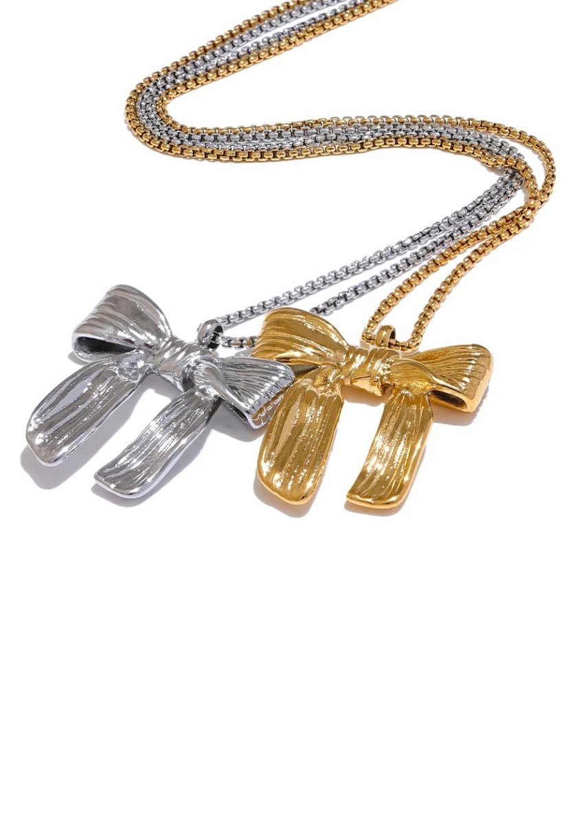 Gold and Silver Elegant Bow Pendant Necklace