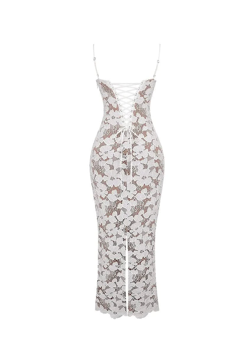 Elegant Lace Mesh Sheer White Slip Dress | Mabel Love Co. White / M Elegant Lace Mesh Sheer White Slip Dress | Mabel Love Co. White / M