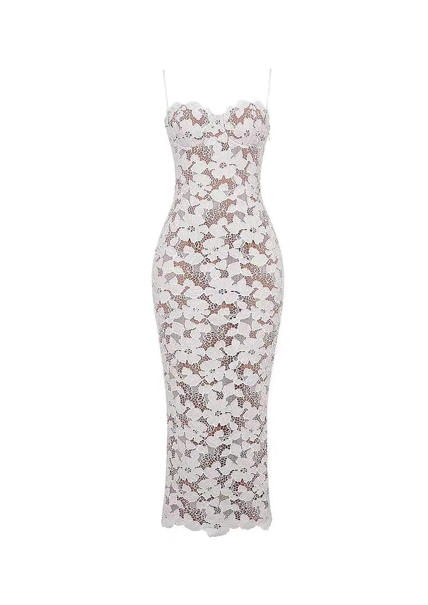 Elegant Lace Mesh Sheer White Dress, White / M Elegant Lace Mesh Sheer White Dress, White / M