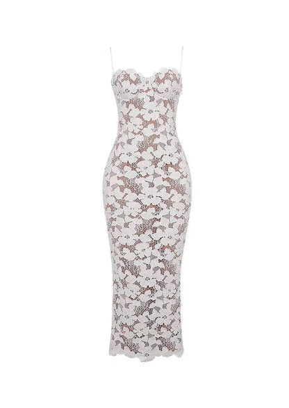 Elegant Lace Mesh Sheer White Dress, White / M Elegant Lace Mesh Sheer White Dress, White / M