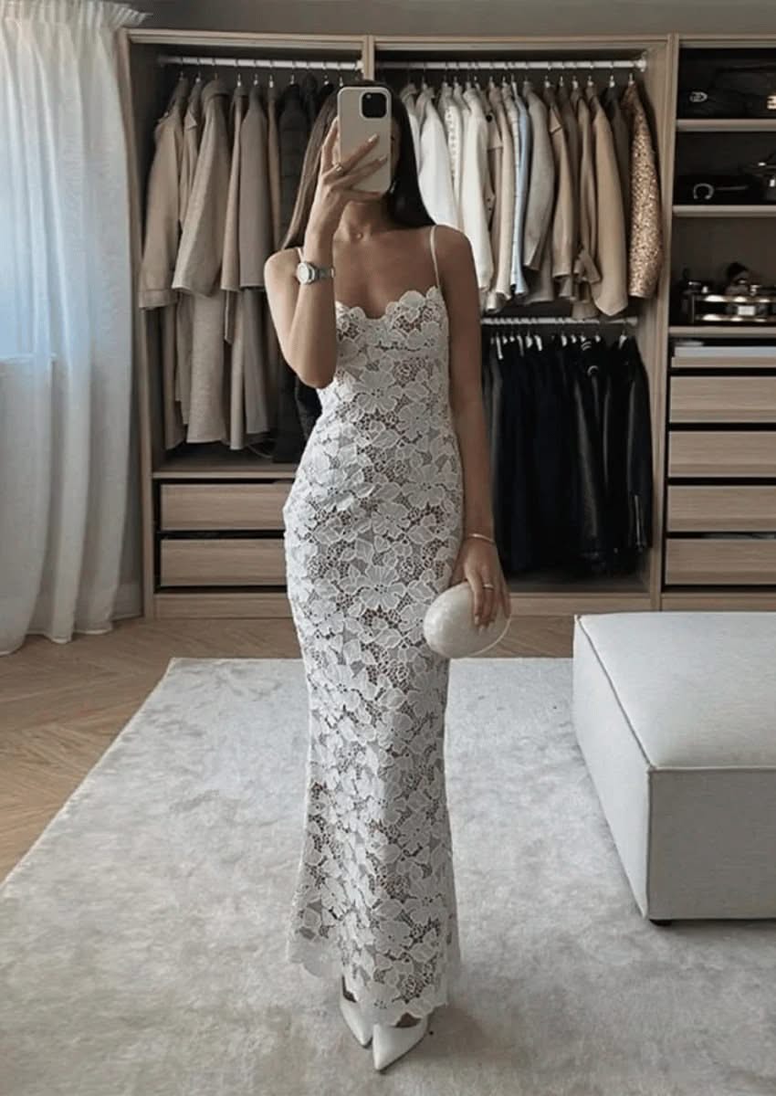 Elegant Lace Mesh Sheer White Slip Dress | Mabel Love Co. White / M Elegant Lace Mesh Sheer White Slip Dress | Mabel Love Co. White / M