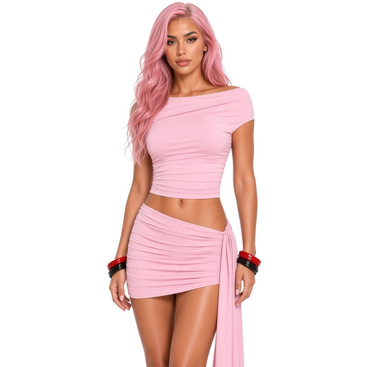 Elegant Off-Shoulder Dress Set — Pink close-up