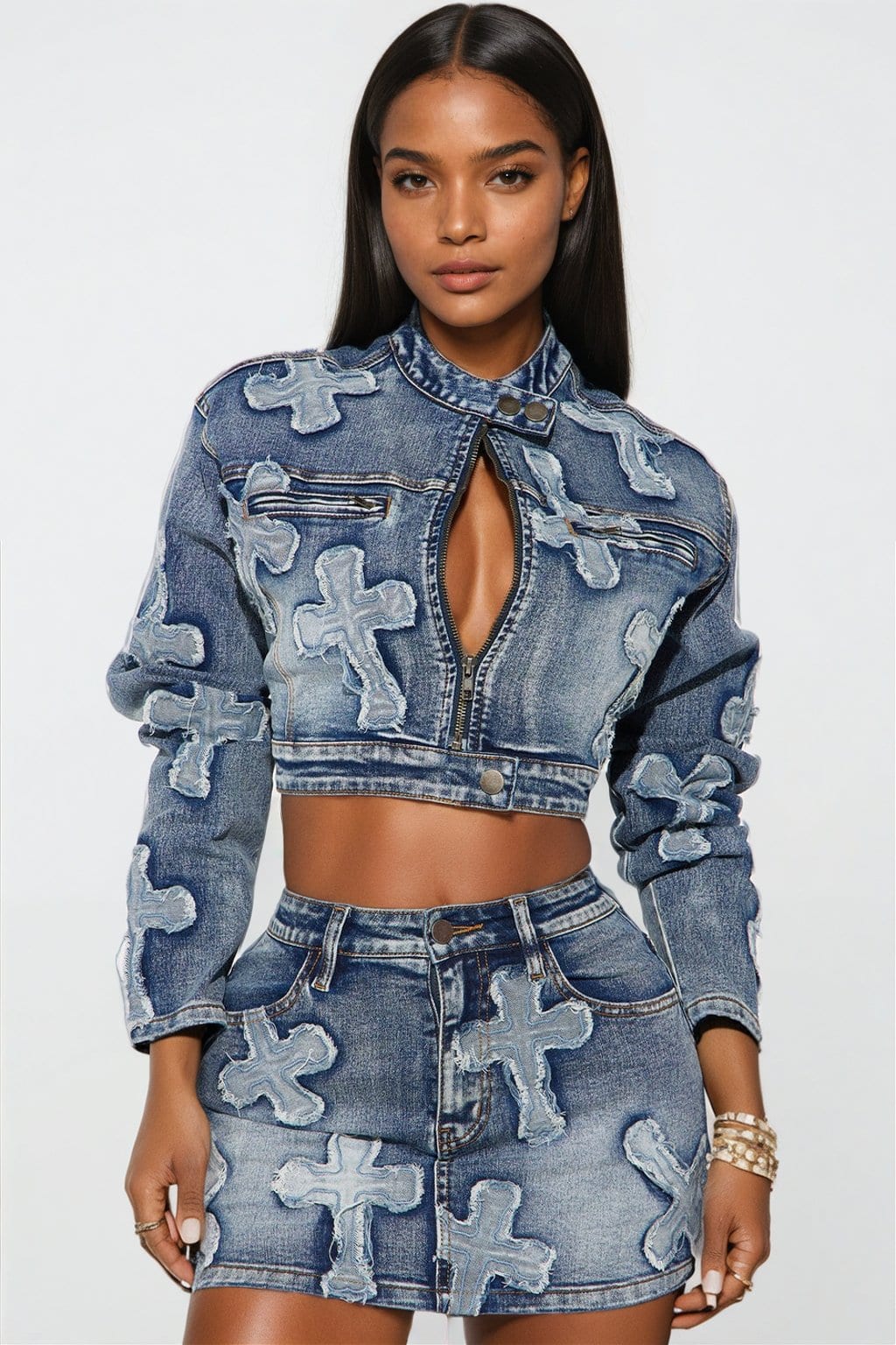 Embroidered Denim Skirt and Cropped Jacket Set