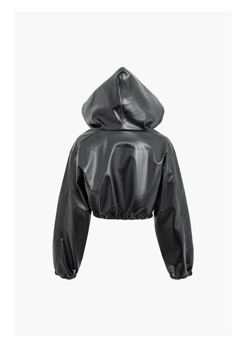 Cropped Jacket Black Faux Leather Jacket With Hood Khy Faux
