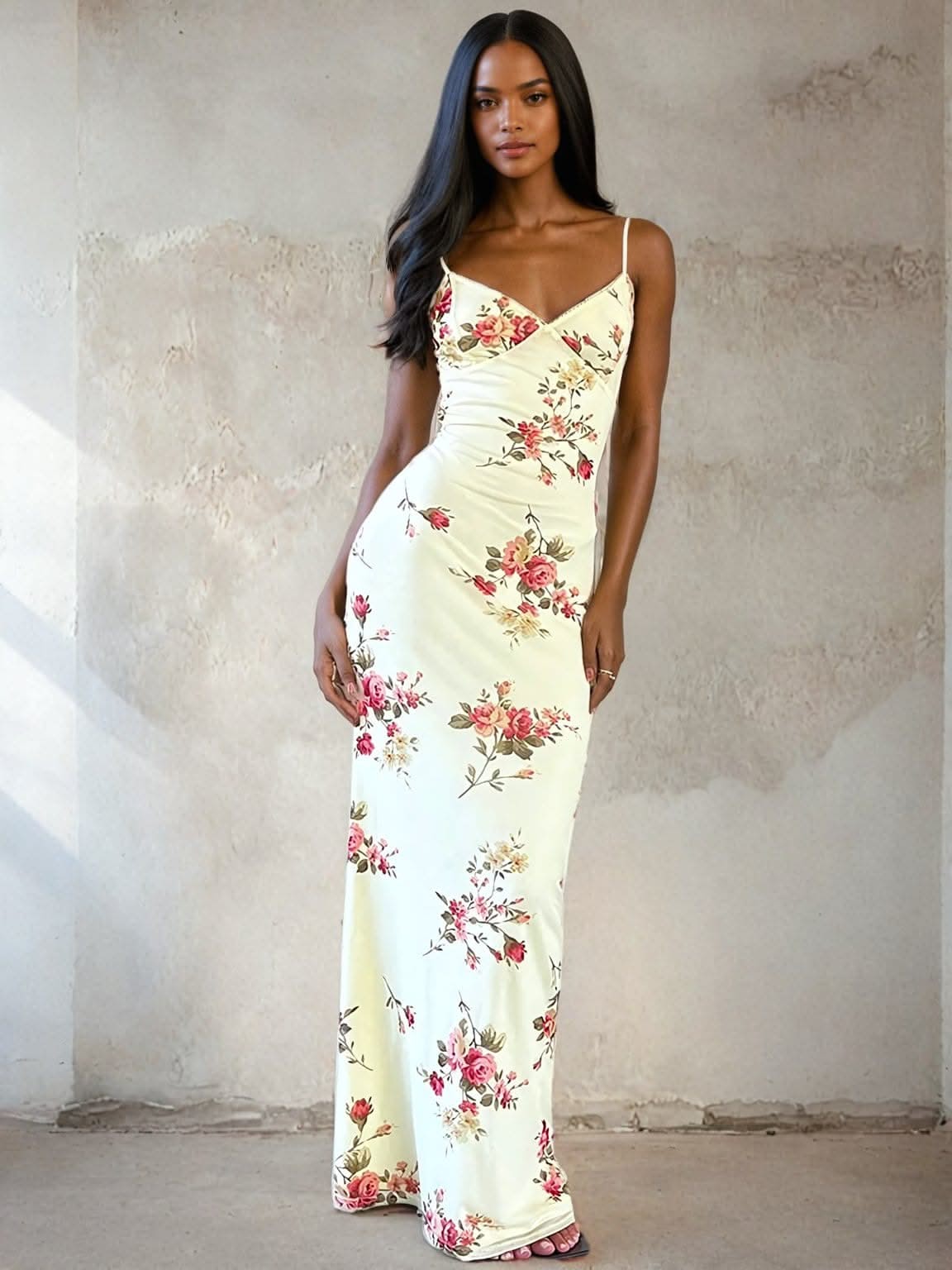 Floral Print Sleeveless Backless Bodycon Maxi Dress Apricot / L Floral Print Sleeveless Backless Bodycon Maxi Dress Apricot / L